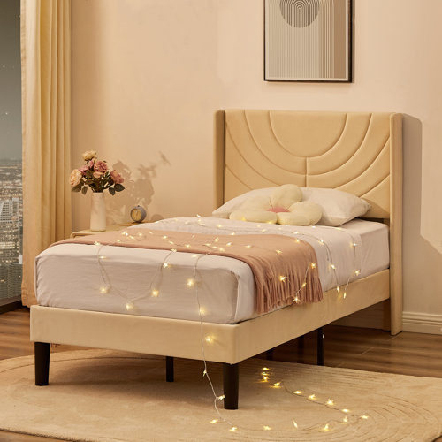 Wood Cambridgeshire Velvet Upholstered Bed Frame With Wingback Headboard Linen Tall Upholstered Platform Bed 